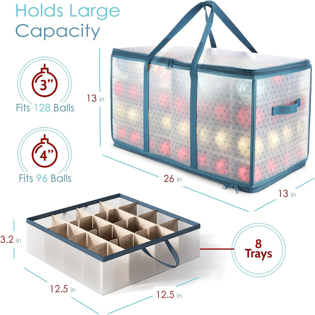 Hearth & Harbor Large Christmas Ornament Storage Box With Adjustable Dividers - Plastic Ornament