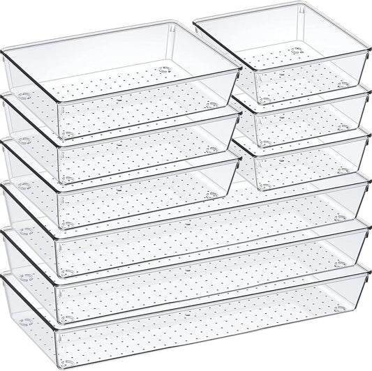 9 Pack Clear Plastic Drawer Organizer Set, Acrylic Non Slip Non Cracking Kitchen Drawer Storage