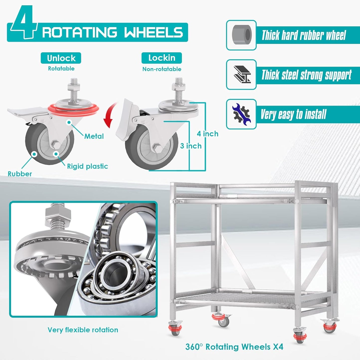 2 Shelf Rolling Cart with Wheels, 660lbs Capacity Collapsible Steel Rolling Utility Cart
