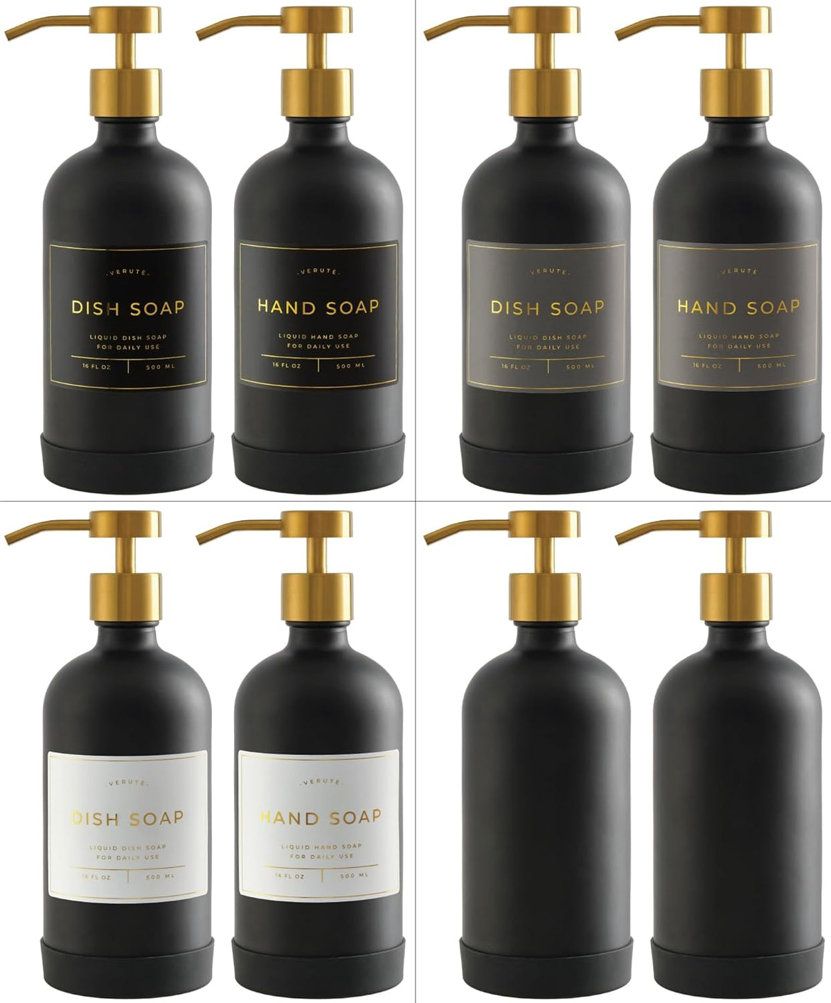 16oz Glass Soap Dispenser with Stainless Steel Pump, 21 Waterproof Labels, Non-Slip Protective
