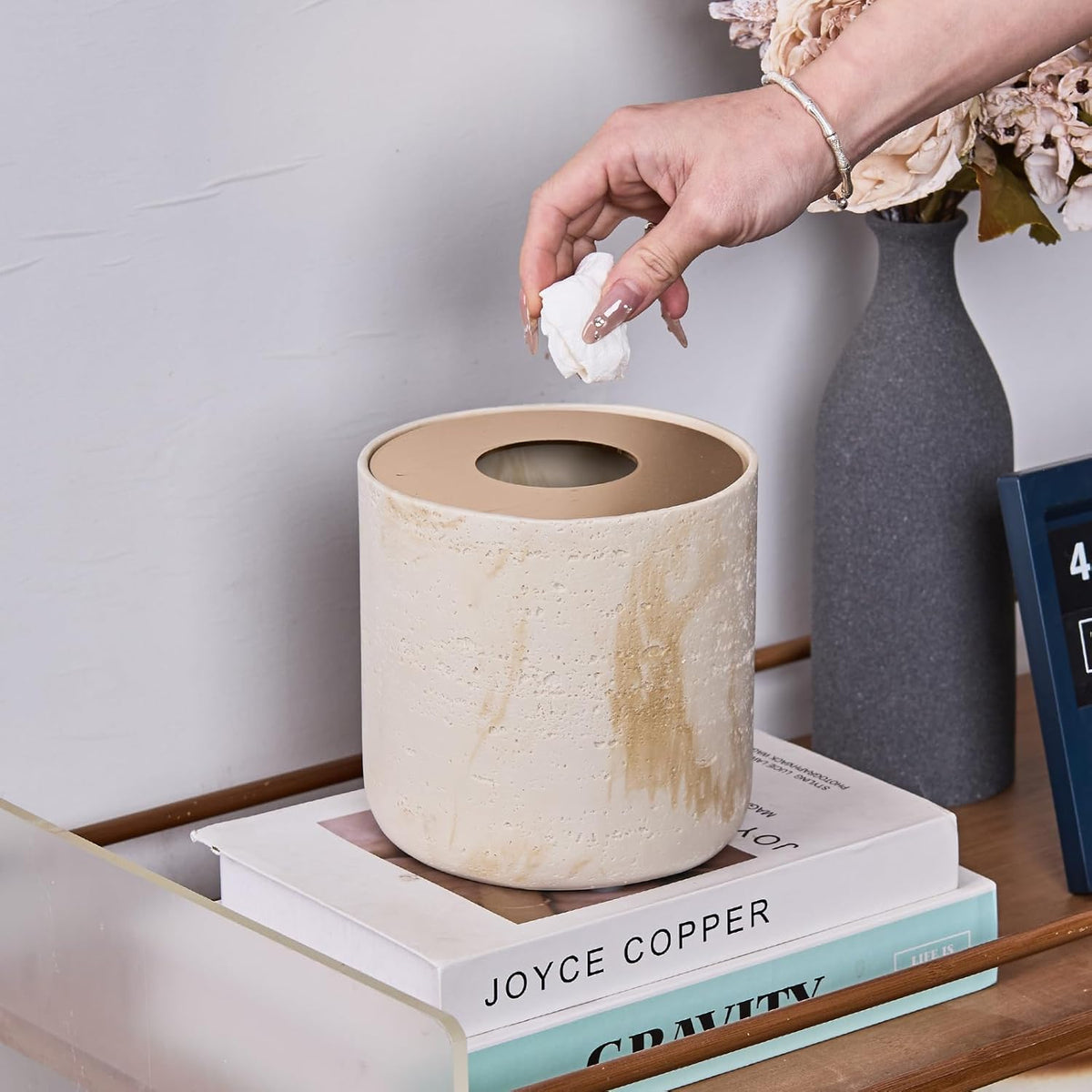 Natural Travertine Textures Mini Trash Can with Rose Gold Stainless Steel Lid, Mini Countertop