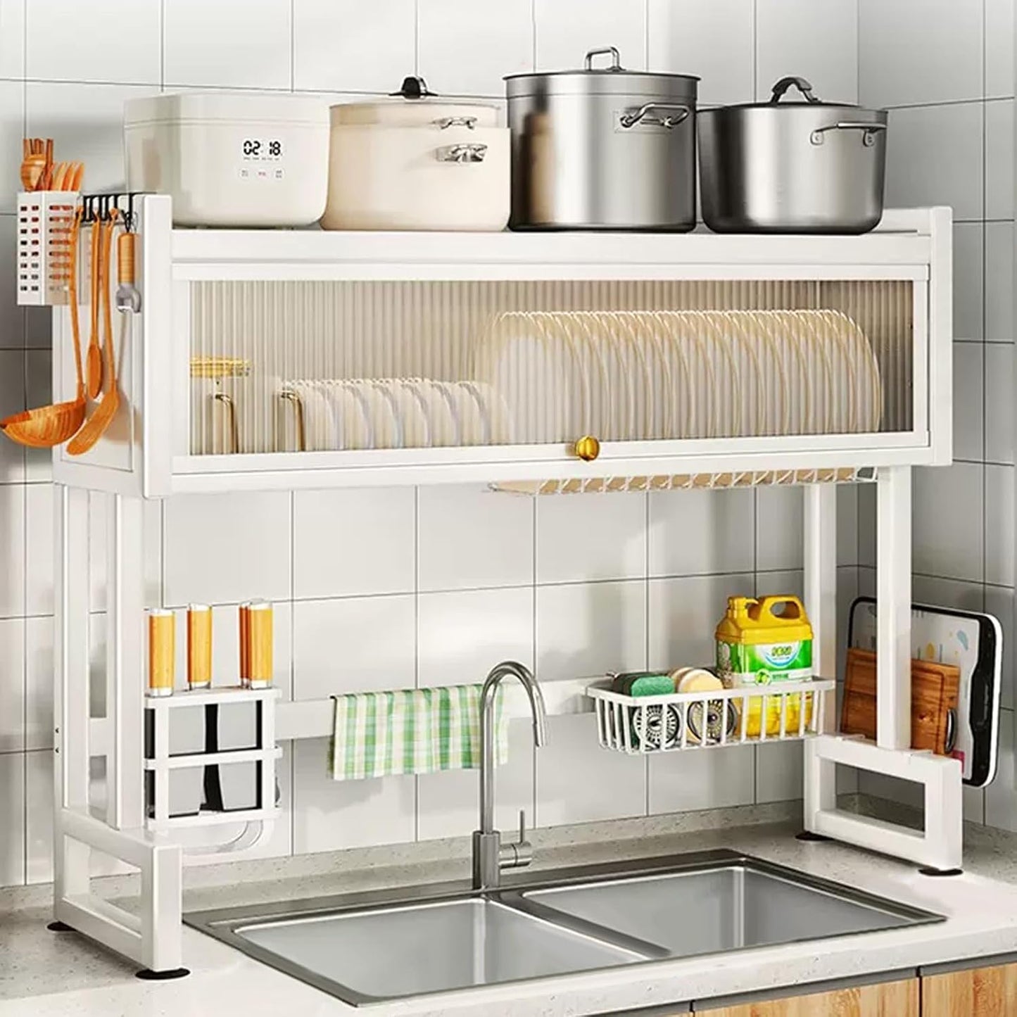 Milkshake White 3 Tier Over Sink Dish Rack Drainer with Cover - Space-Saving Organized Drying Rack