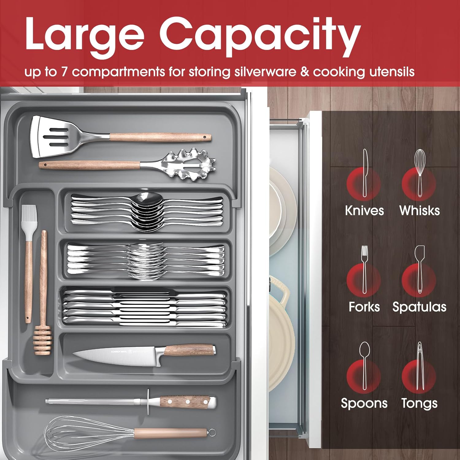 Aujen Silverware Organizer - Expandable Kitchen Drawer Organizer, Adjustable Utensil Organizer