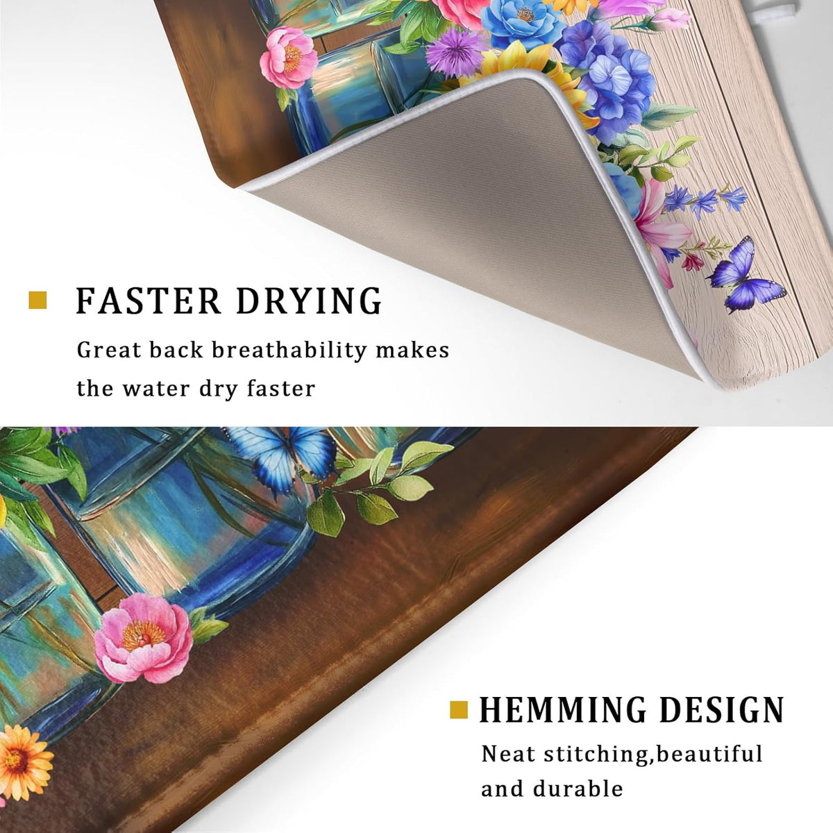 Spring Flowers Dish Drying Mat for Kitchen Counter 18x24in Vintage Plants Colorful Floral Kitchen