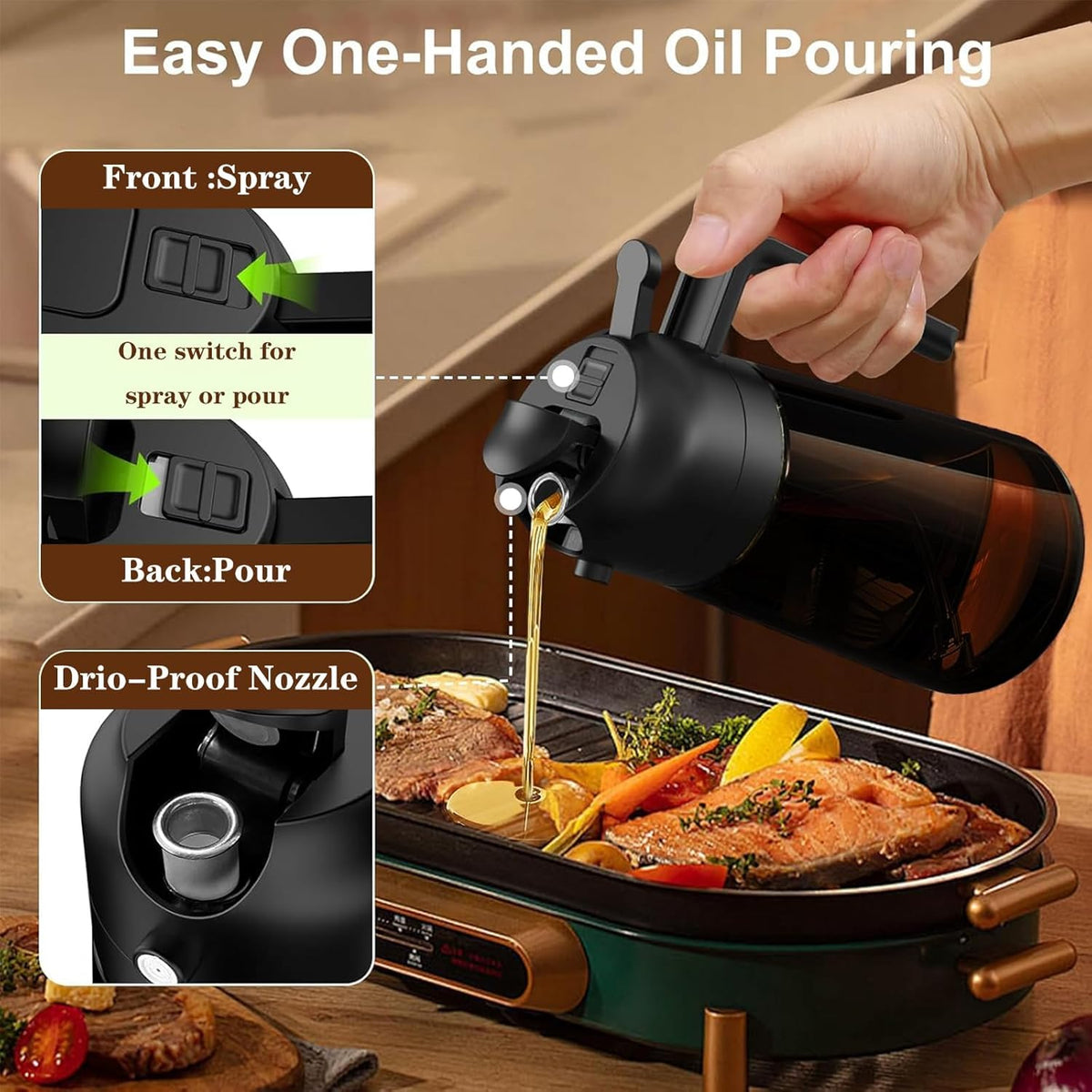 2-in-1 Glass Oil Dispenser & Sprayer - 16oz/470ml Leakproof Bottle for Cooking, Air Fryer, BBQ