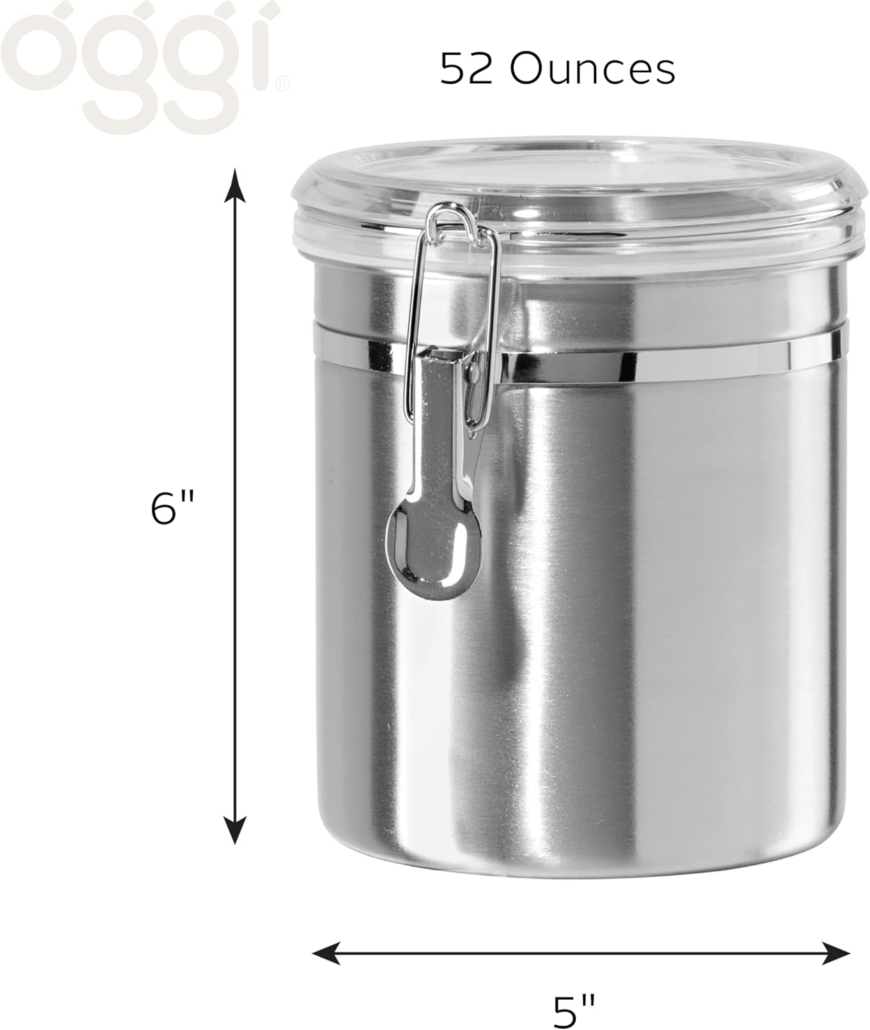 OGGI Stainless Steel Kitchen Canister 52 fl oz - Airtight Clamp Lid, Clear See-Thru Top - Ideal for