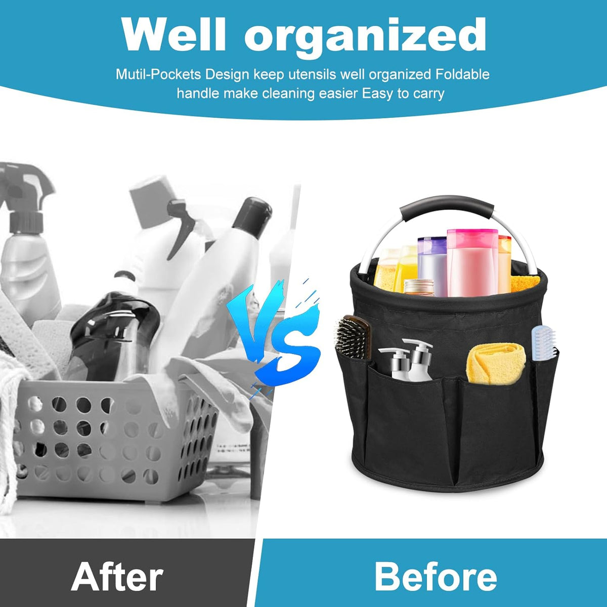 Qivine 17L Cleaning Caddy with Handle, Cleaning Supply Caddy Foldable Tool Bag Cleaning Products