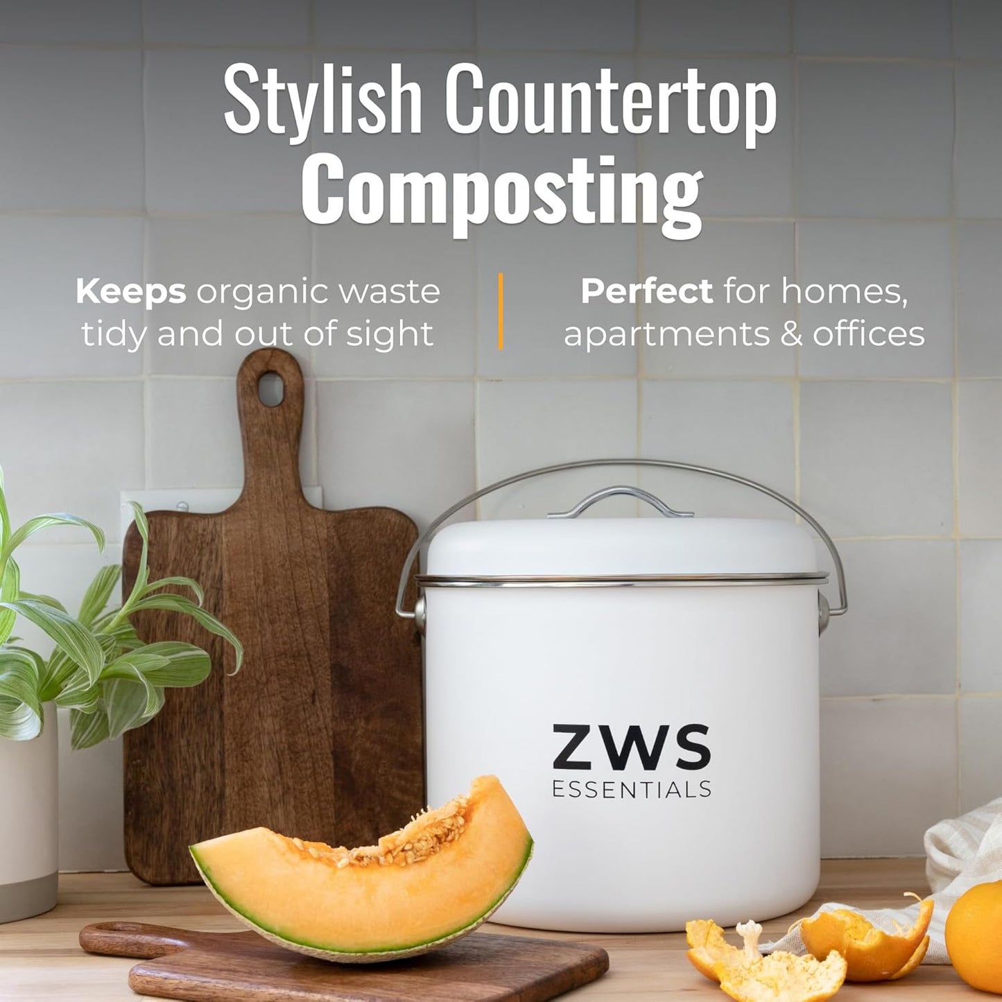 White Stainless Steel Compost Bin | 6.5L Odor-Free Kitchen Countertop Food Scrap Pail with Charcoal