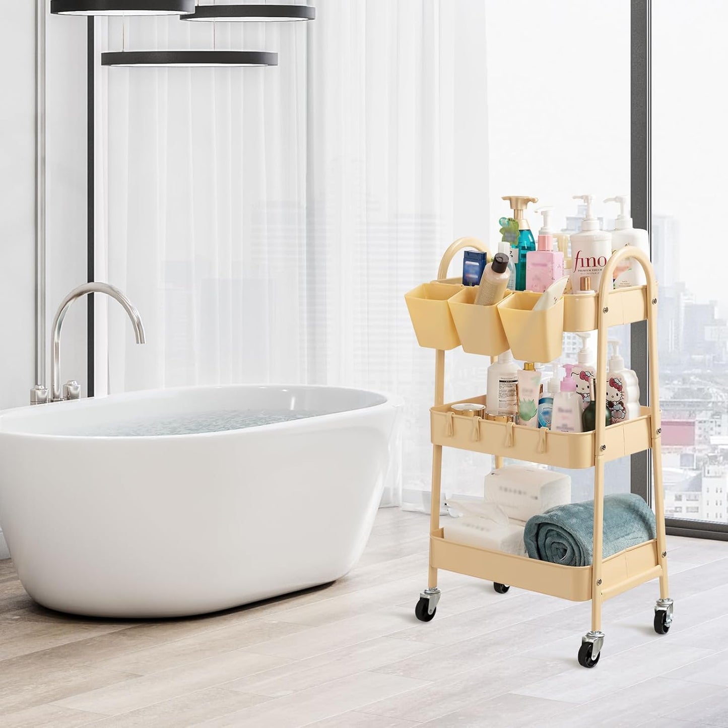 danpinera 3-Tier Rolling Cart, Metal Rolling Storage Cart with Lockable Wheels & Hanging Cups &