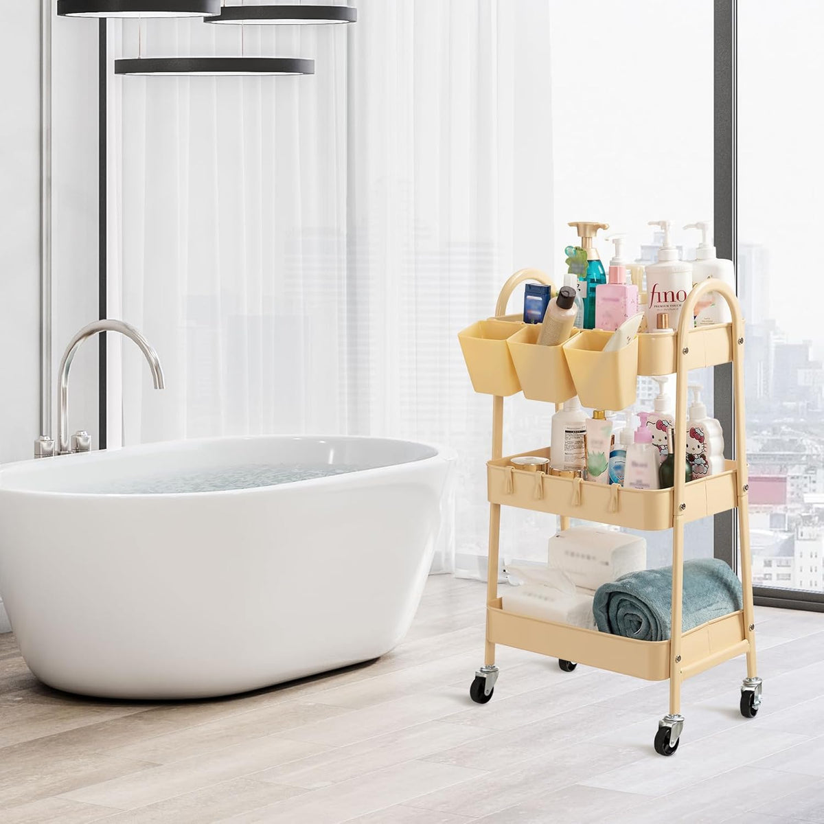 danpinera 3-Tier Rolling Cart, Metal Rolling Storage Cart with Lockable Wheels & Hanging Cups &