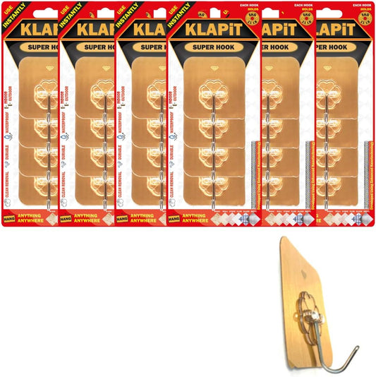 KLAPiT Super Hook - Heavy-Duty Adhesive Gold Wall Hooks, Holds Up to 11 lbs, Waterproof, No Damage
