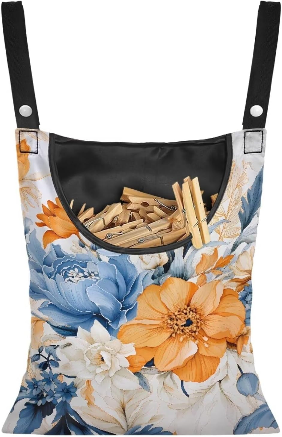 Art Flowers Clothespin Bag with Hanging Hook Summer Laundry Clothes Pin Holders Waterproof Clothes
