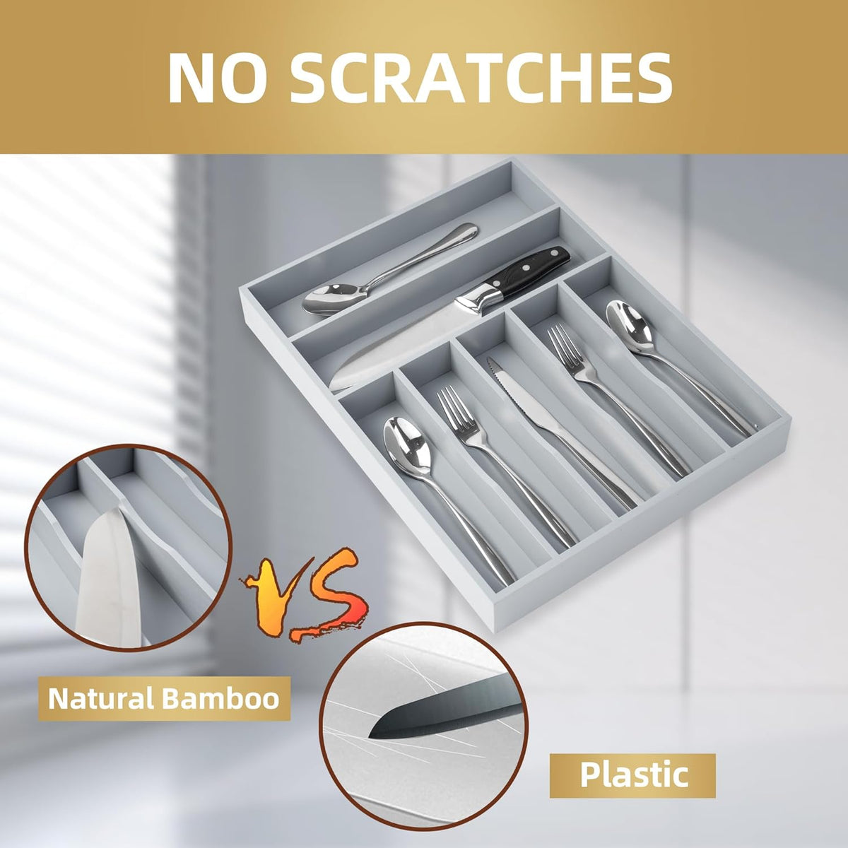 Silverware Organizer 13 Inch Gray Bamboo Kitchen Drawer Organizer 7 Slots Utensil Organizer