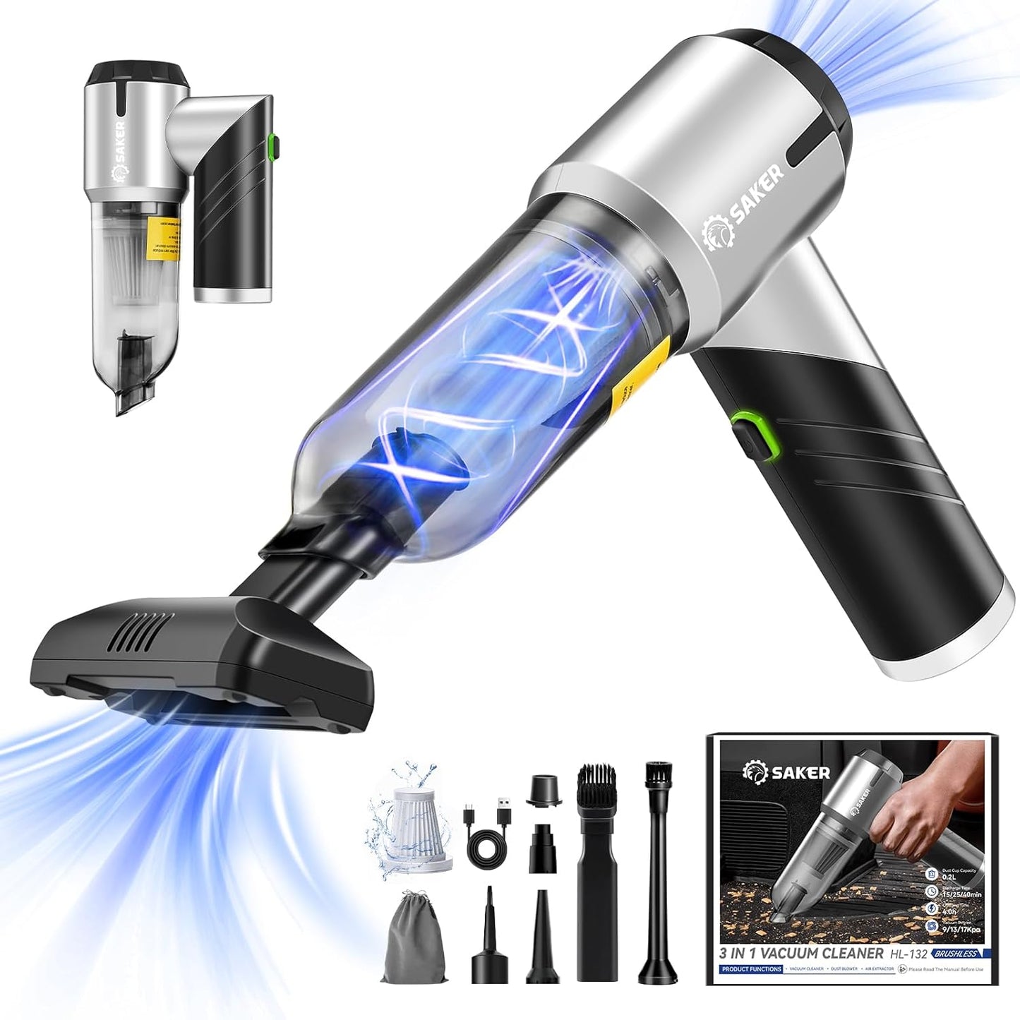 Saker Handheld Car Vacuum Portable Cordless17000PA Mini Vacuums Rechargeable Foldable Vacuum