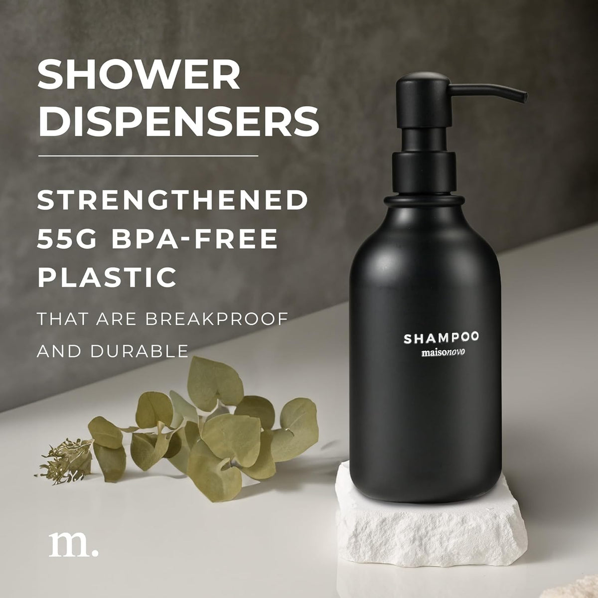 MaisoNovo Refillable Shampoo and Conditioner Bottles | 16.9 fl oz Set of 3 Black Plastic Bottles
