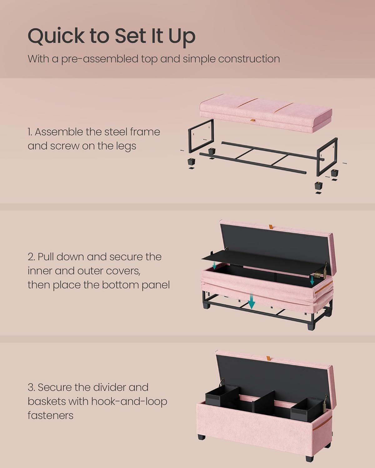 SONGMICS Storage Ottoman Bench, Storage Chest, 15.7 x 43.3 x 15.7 Inches, End of Bed Bench, 27 Gal.