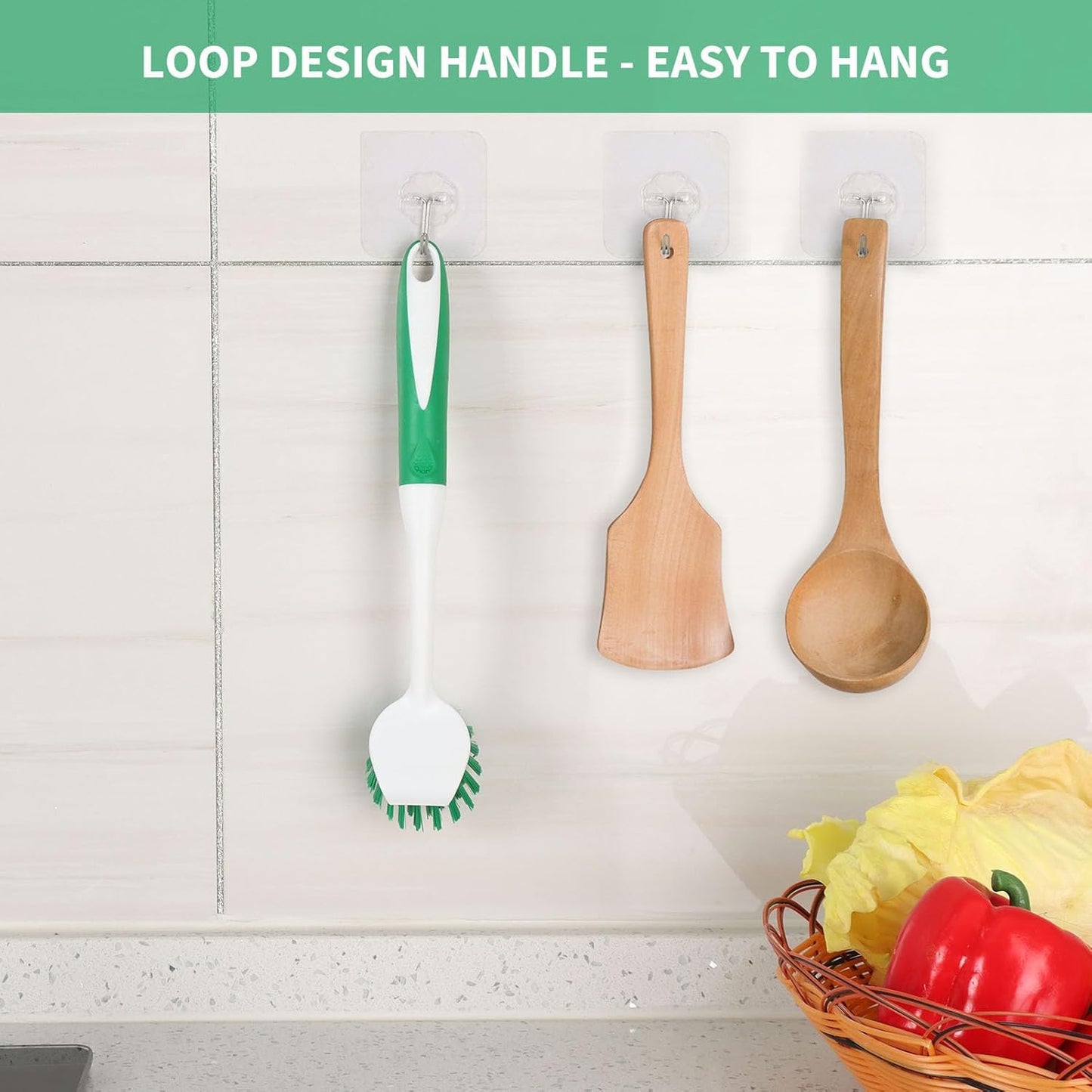 Dish Brush with Handle, 2 Pack Scrub Brushes with Built-in Scraper for Cleaning Kitchen, Pots, Pans