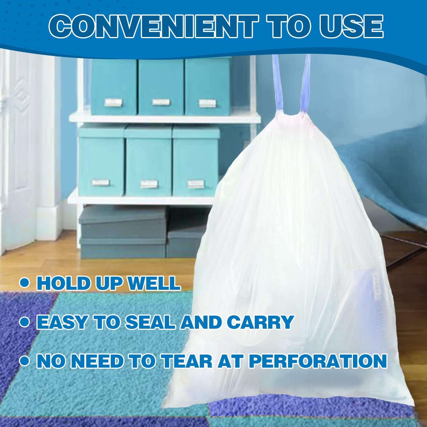 8 Gallon Trash Bags Drawstring 1.2 Mil - 100 Count White Medium Garbage Bags Unscented, 30 Liter