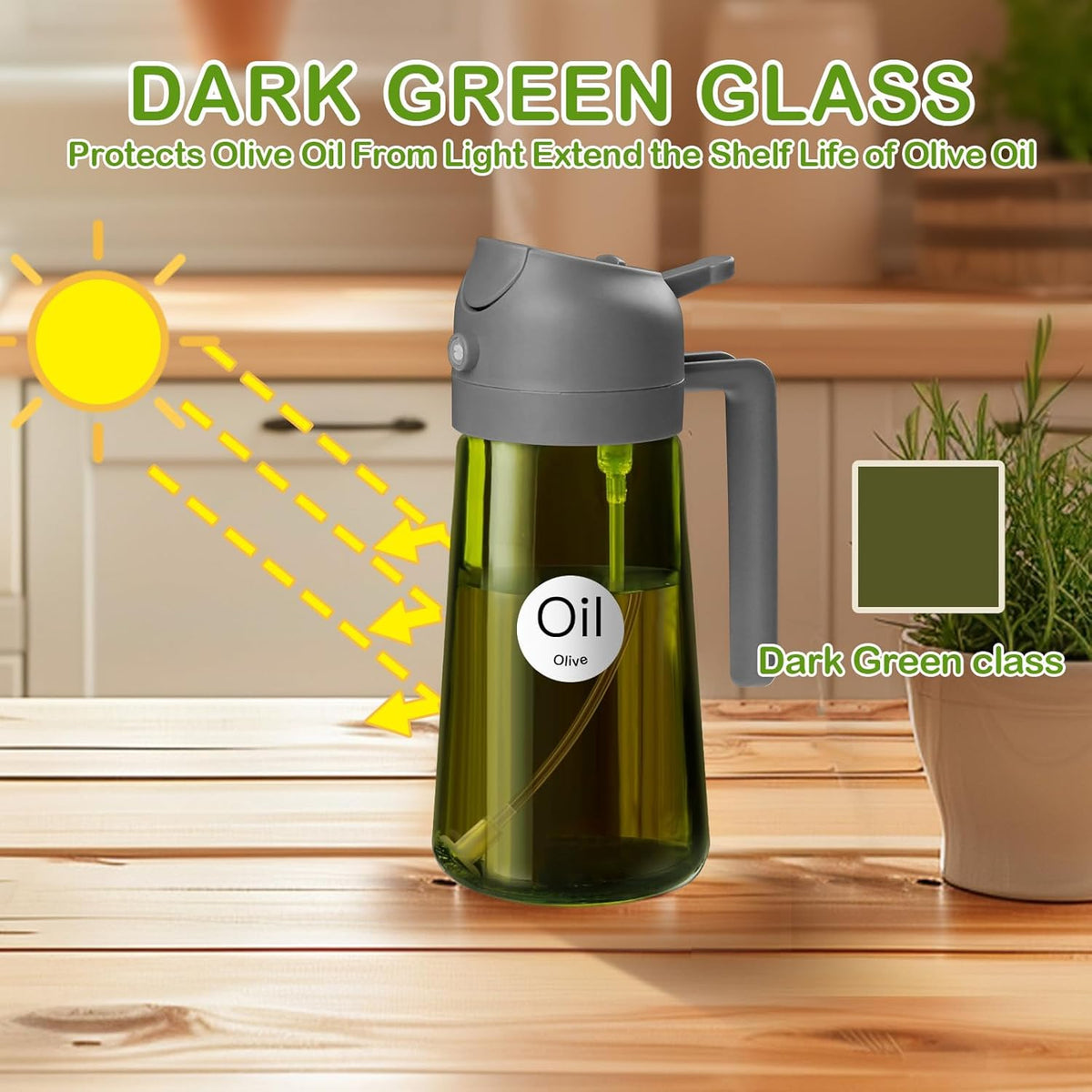 YARRAMATE 16oz/470ml Dark Green Oil Sprayer for Cooking with Stickers, Food-grade Premium 2 in 1