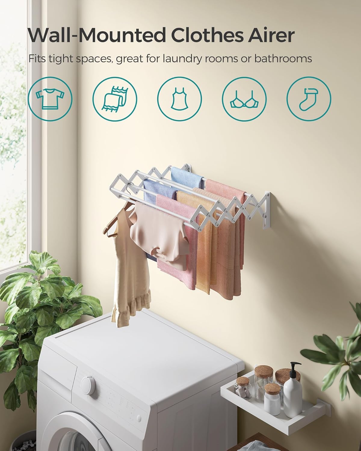 SONGMICS Clothes Drying Rack, Wall-Mounted Drying Rack Clothing, Small Accordion Laundry Rack, 9