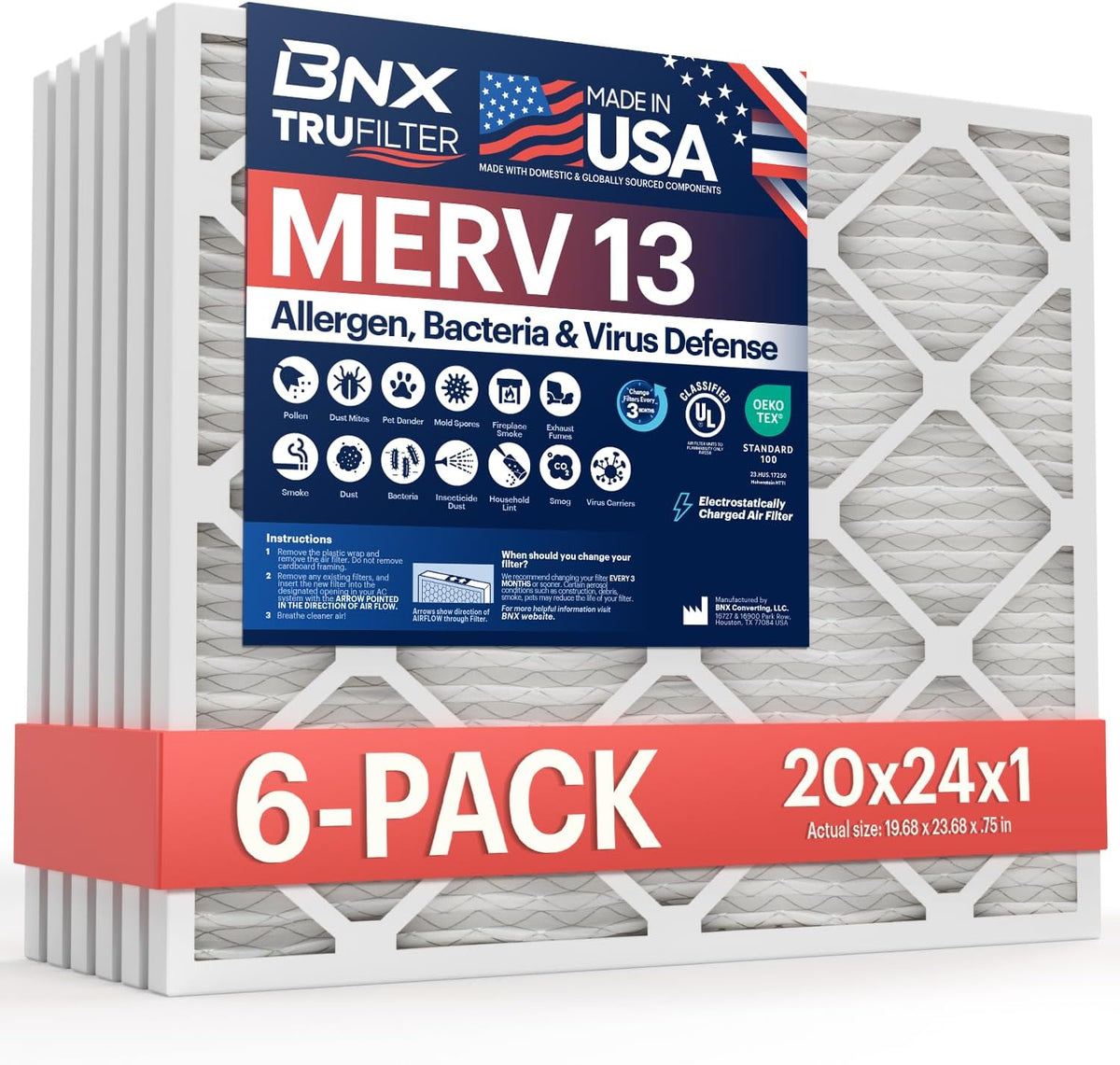 BNX TruFilter 20x24x1 Air Filter MERV 13 (6-Pack) - MADE IN USA - Electrostatic Pleated Air