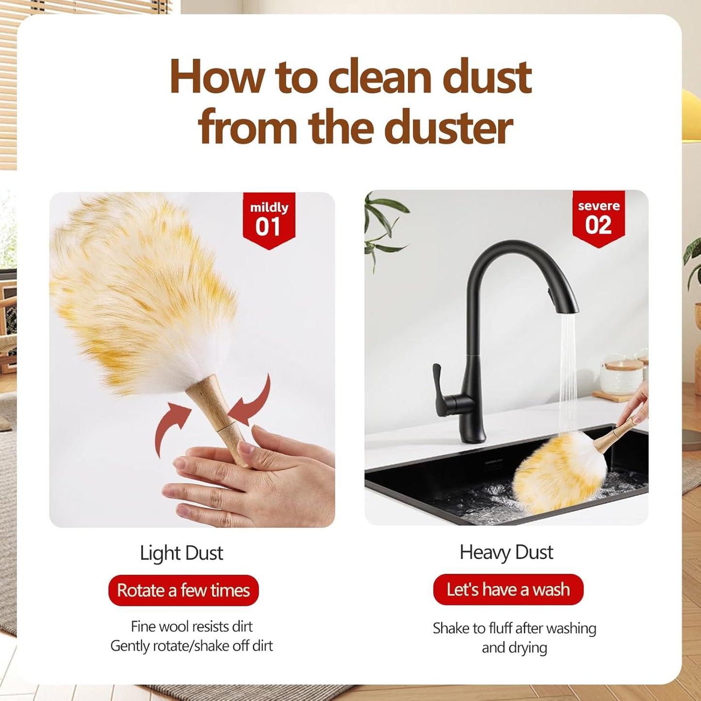 Lambswool Duster for Cleaning with Solid Wooden Handle Leather Hang Strap 14.9 inch Natural Feather