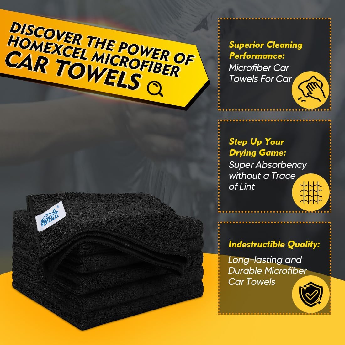 HOMEXCEL Black Microfiber Cleaning Cloth 6 Pack, 12.5 x 12.5 inch Microfiber Towels for Cars, Ultra