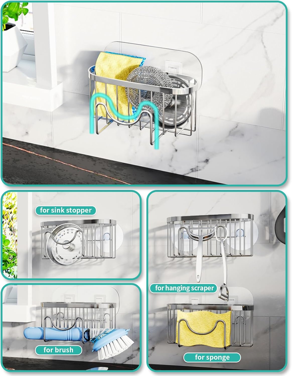 HapiRm Multifunctional Adhesive Kitchen Sink Organizer with M-Shaped, 2 Installation Methods