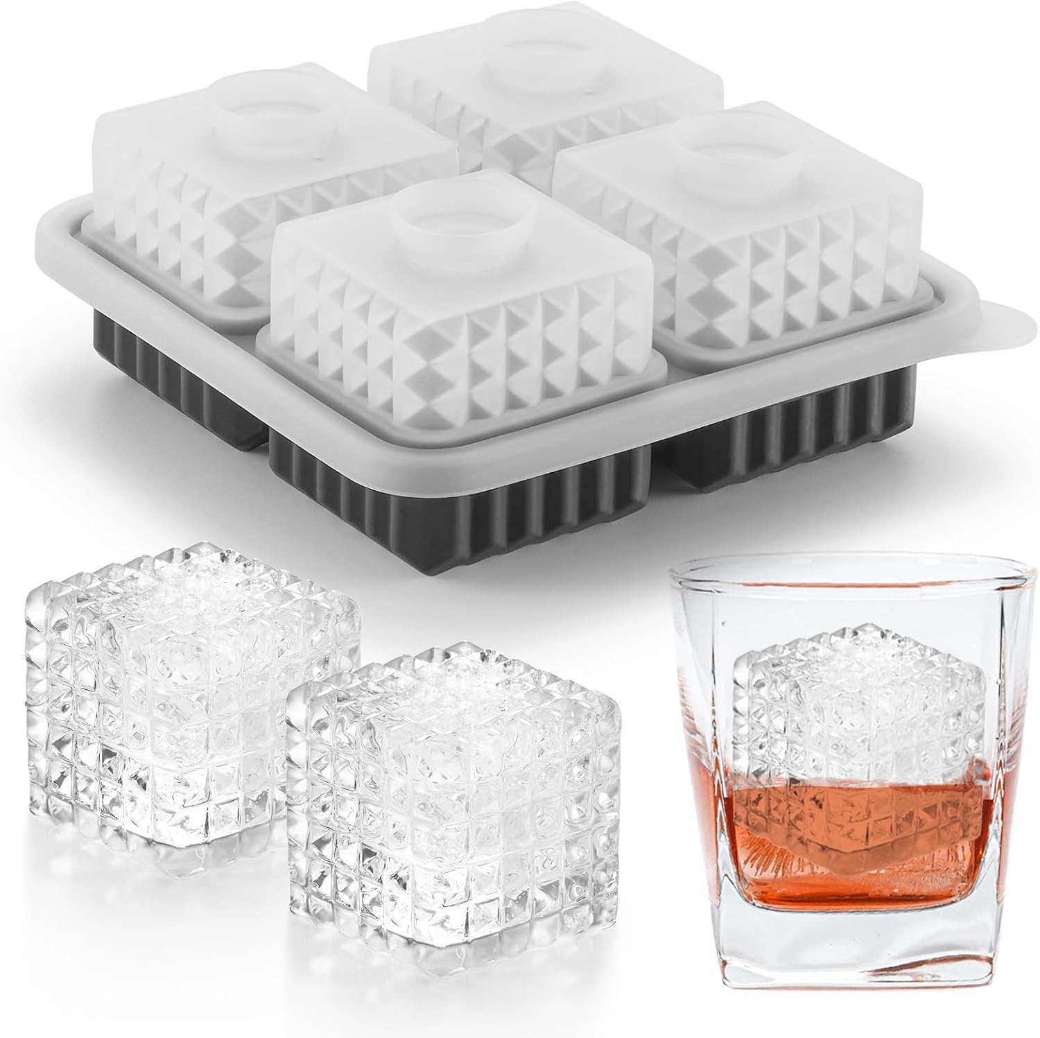 Nax Caki 3D Square Ice Cube Tray, Large Square Silicone Fun Shapes Whiskey Ice Mold with Funnel for