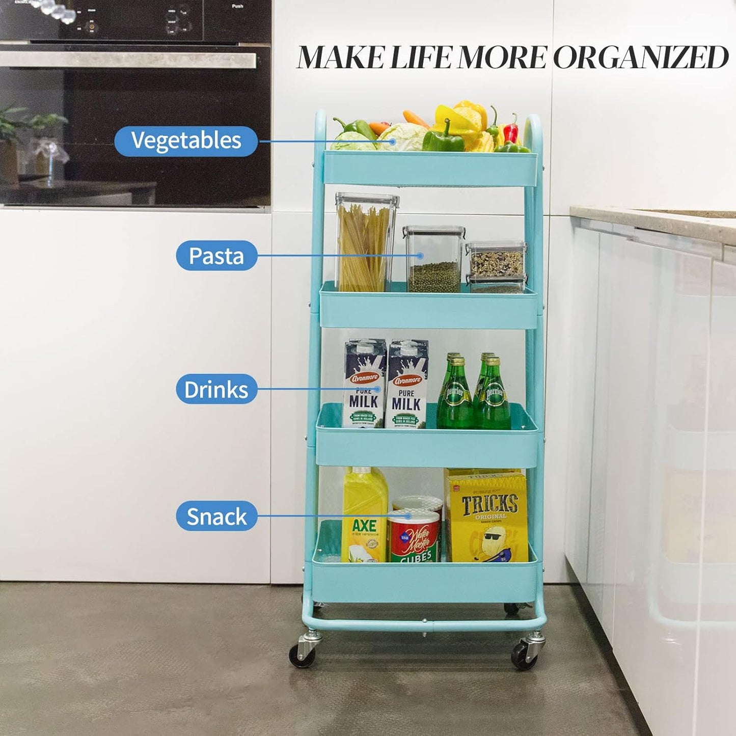 elabo 4-Tier Metal Mesh Utility Rolling Cart, Storage Organizer Trolley Services Cart with Lockable