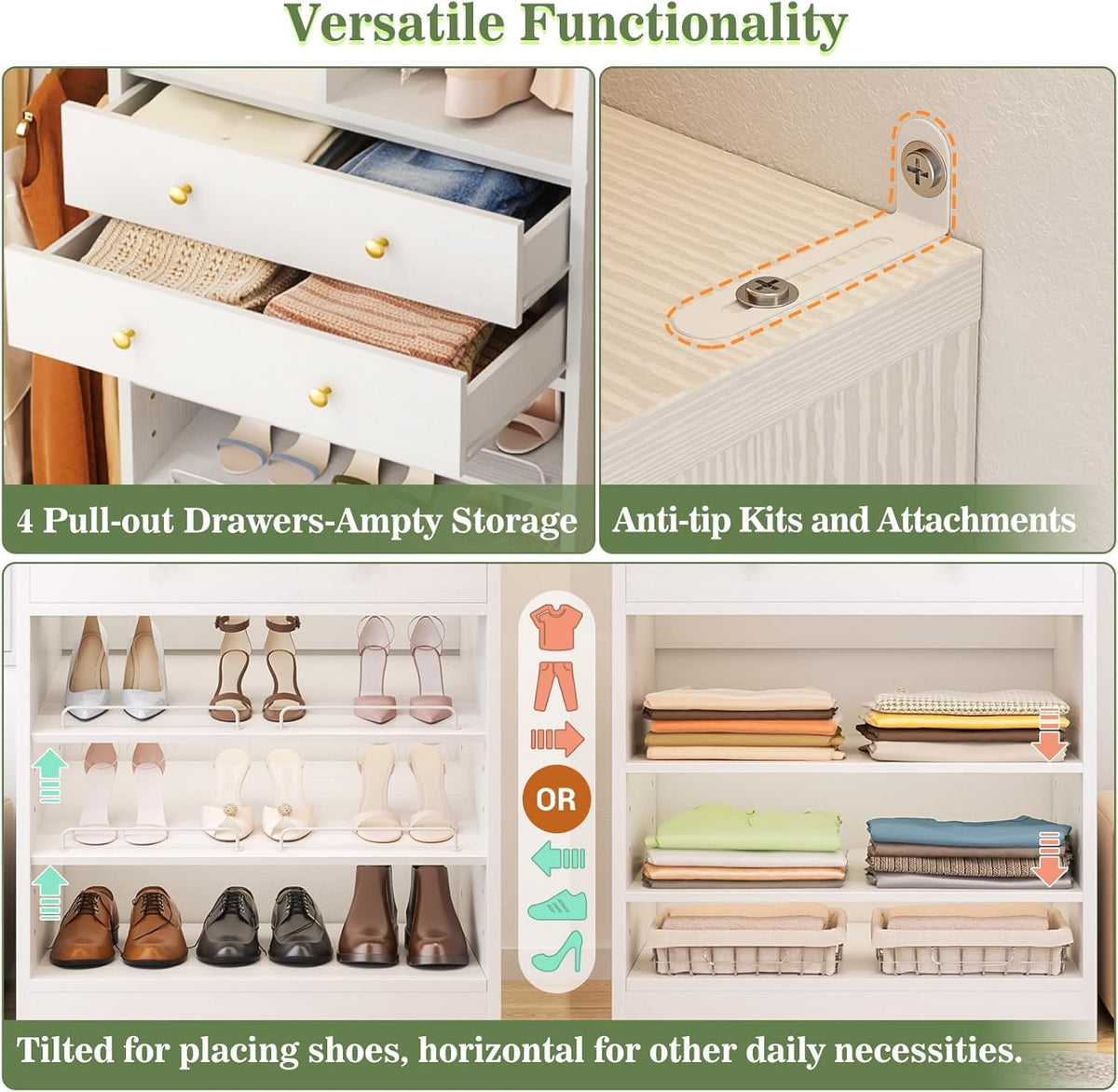 Closet System, Up to 134"/11.2 FT Closet Organizer with 4 Wooden Drawers and Shelves, Walk-in