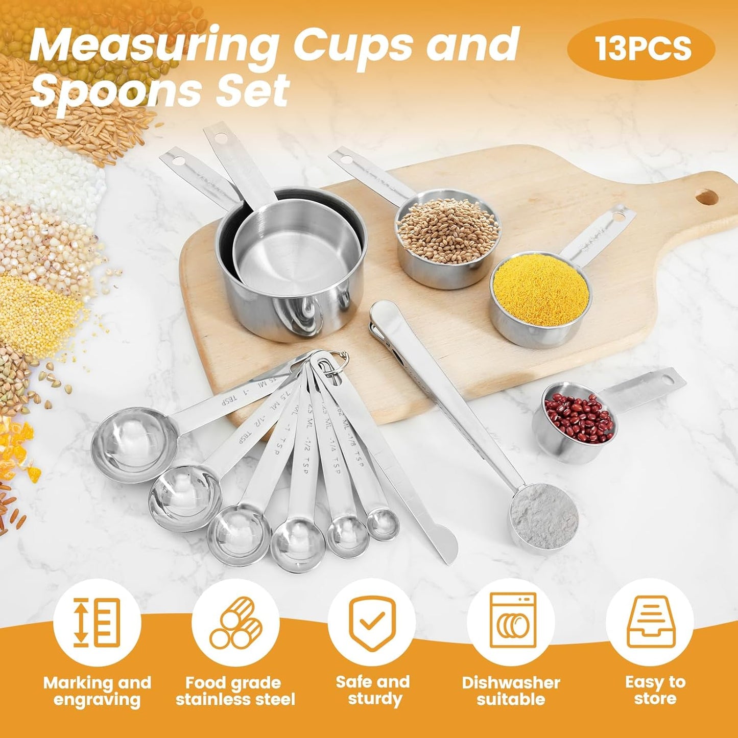 13PCS Measuring Cups and Spoons Set Stainless Steel Measuring Spoons and Cups Stackable Measuring