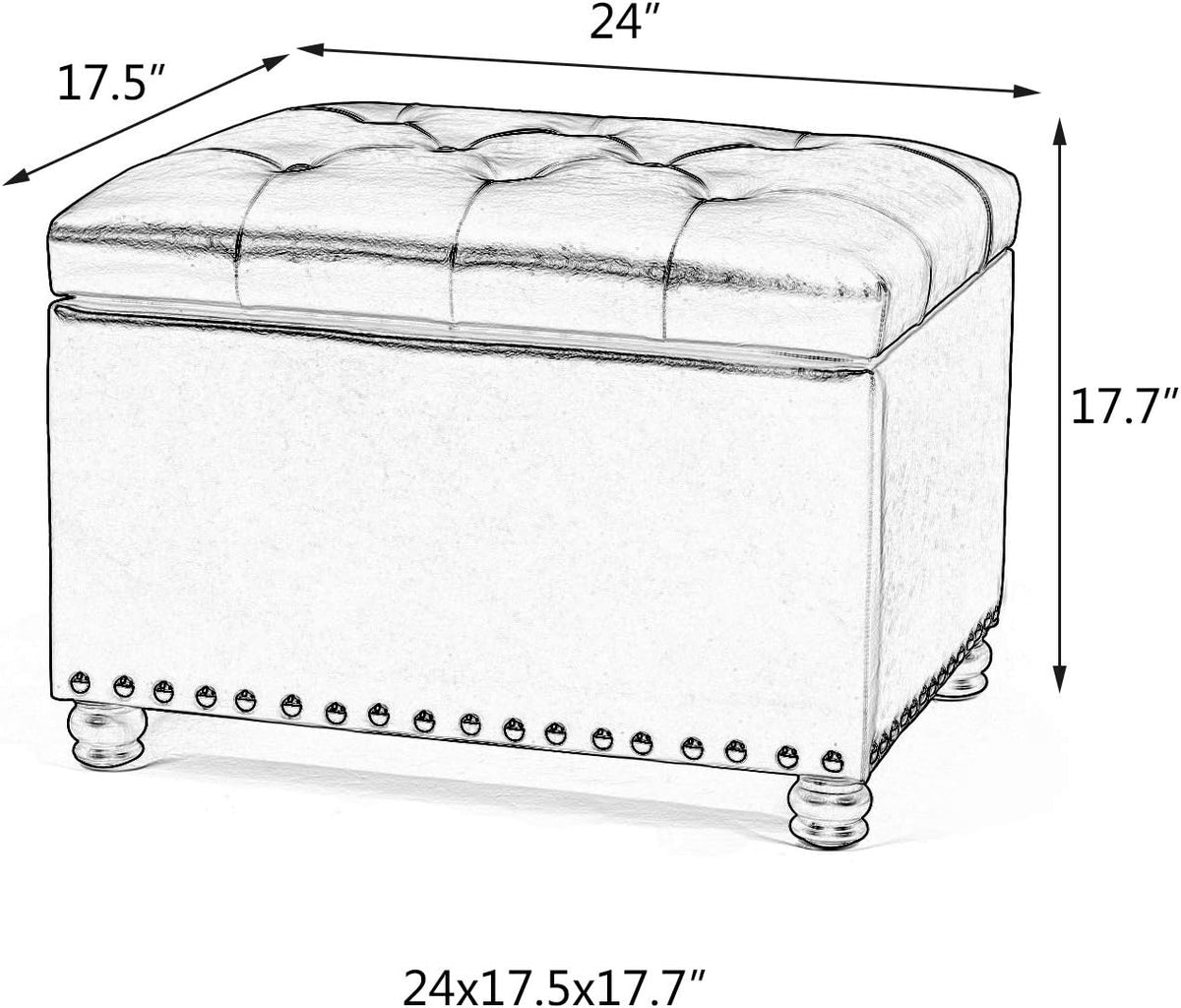 24'' Leather Storage Ottoman Rectangular Foot Rest Stool with Nailhead Trim for Bedroom Living