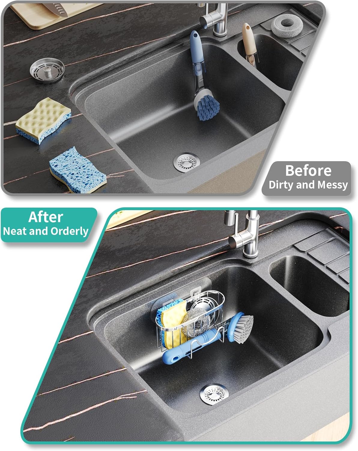 HapiRm Multifunctional Adhesive Kitchen Sink Organizer with M-Shaped, 2 Installation Methods
