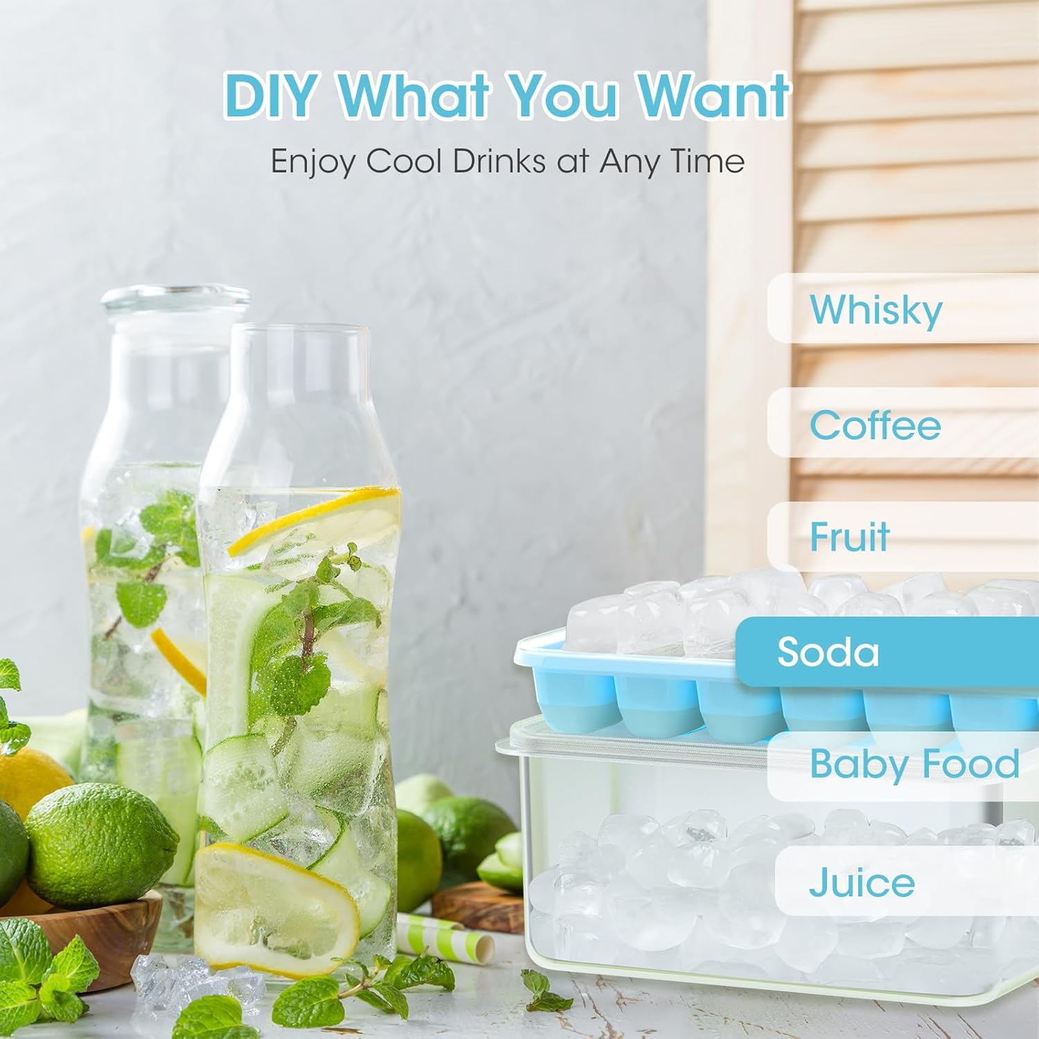 DOQAUS Ice Cube Tray with Lid and Bin, 4 Pack Silicone Plastic Ice Cubes Trays for Freezer with