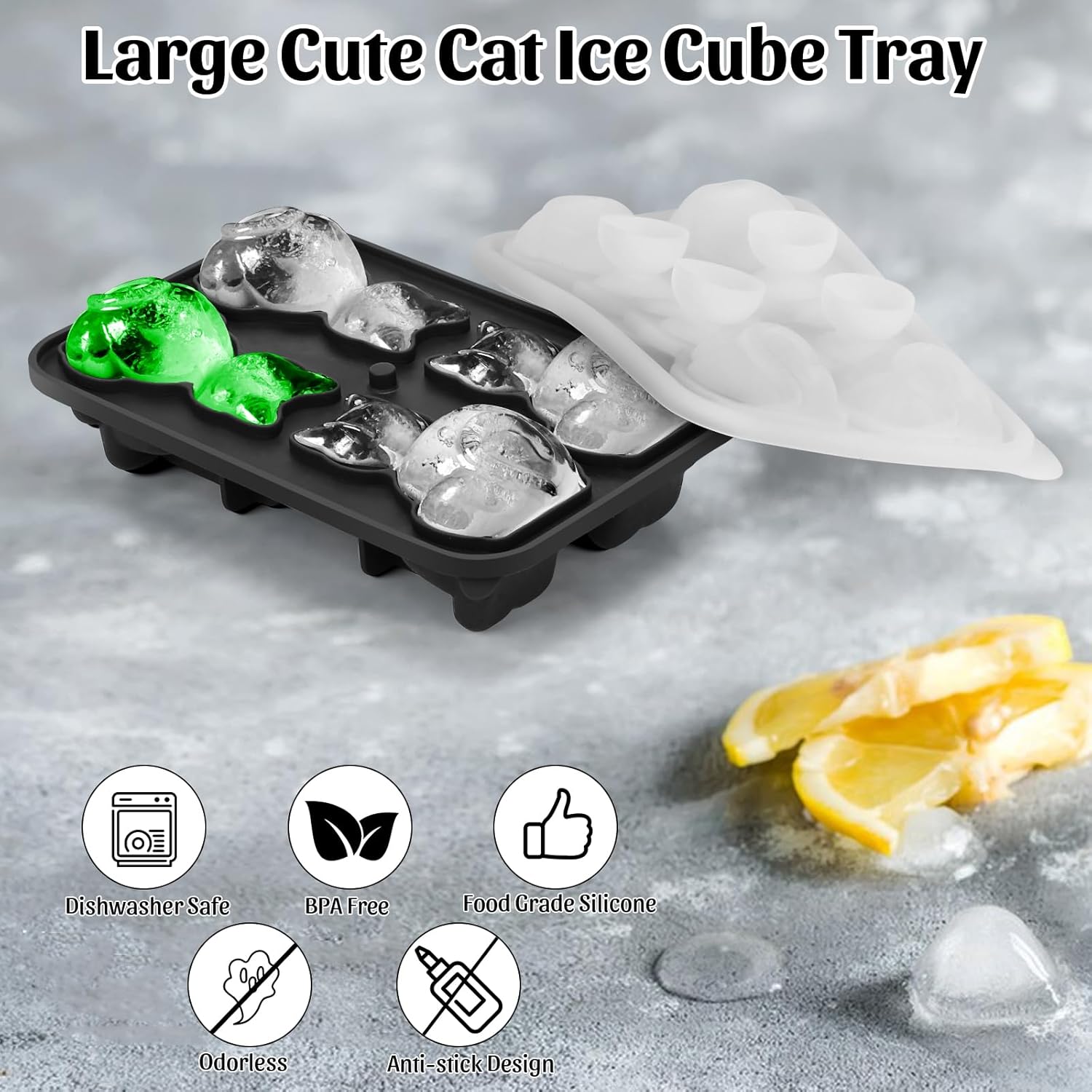 Silicone Ice Cube Tray,Cat 3D Large Ice Cube Molds for Whiskey,Cocktails,Wine,Juice and Bourbon,4