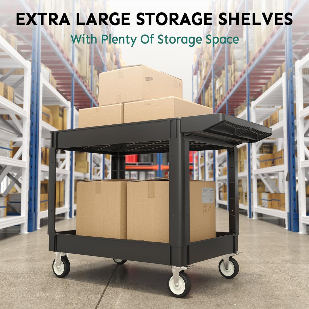 Utility Cart on Wheels, 1000 lbs Capacity Rolling Service Cart, 45 x 25 Inch Work Carts, 2 Shelf