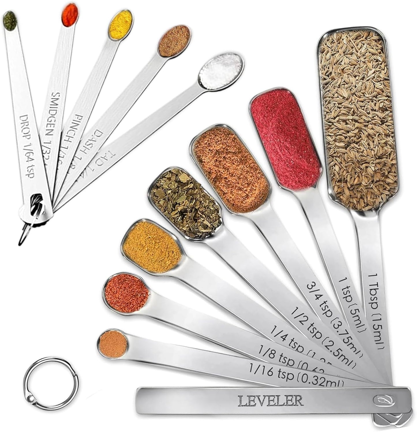 Stainless Steel Measuring Spoons Set of 13, Includes 7 Rectangular Measuring Spoons, 1 Leveler & 5