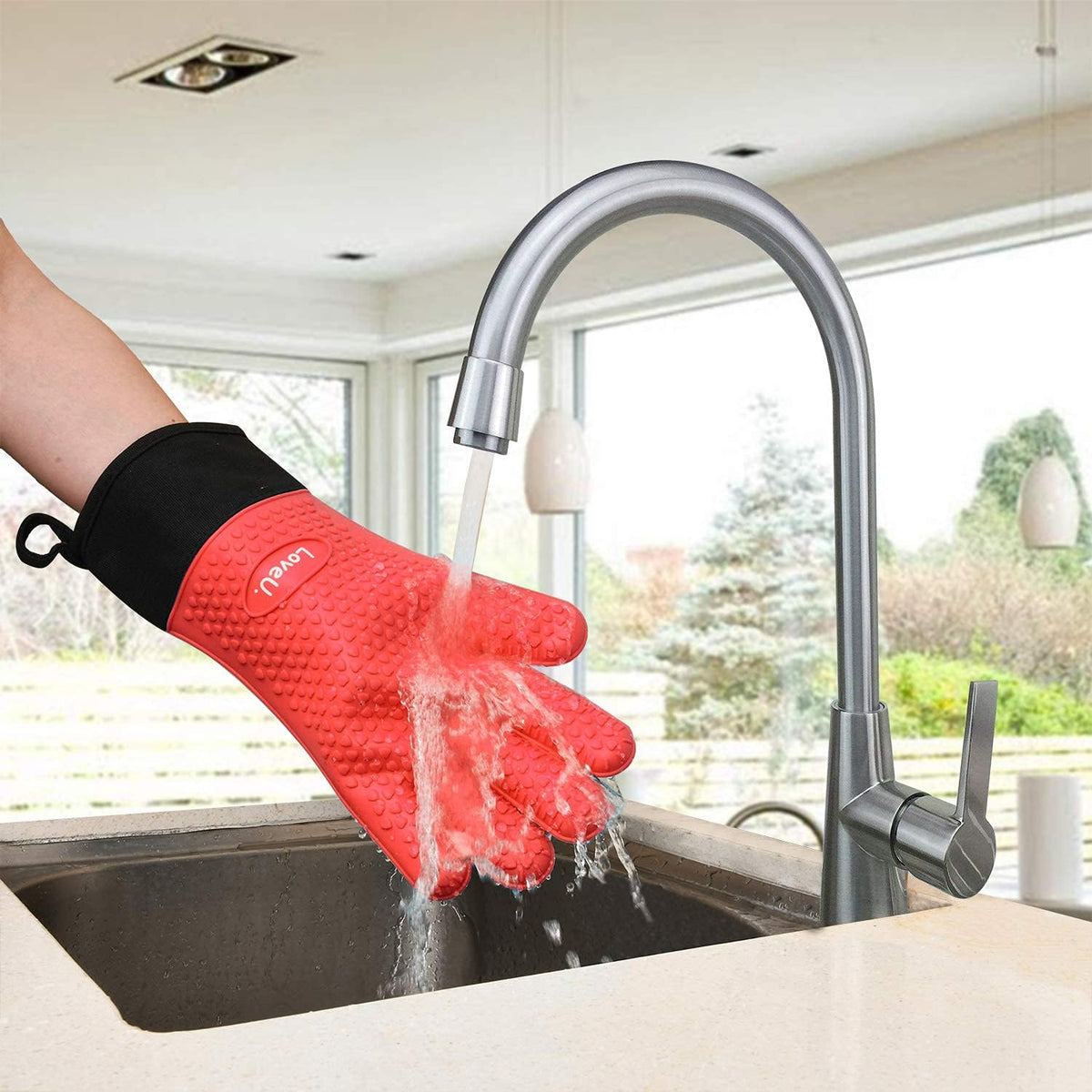 Kitchen Oven Gloves - Dual-Layer Heat Resistant Grilling Gloves, Silicone Oven Mitts with 5