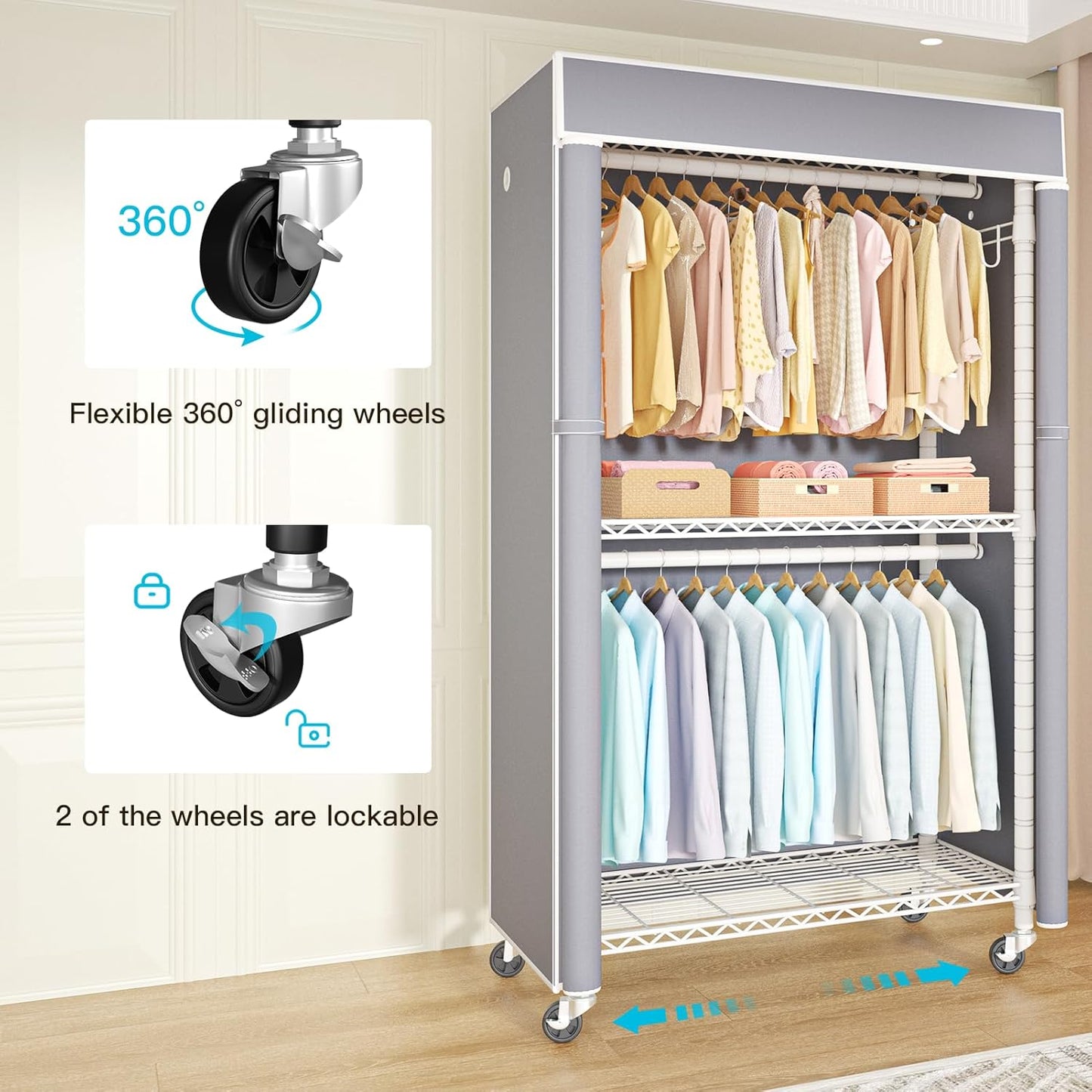 FUTASSI White Clothing Rack with Grey Cover, P1C Rolling Closet Rack with Wheels, Metal Garment