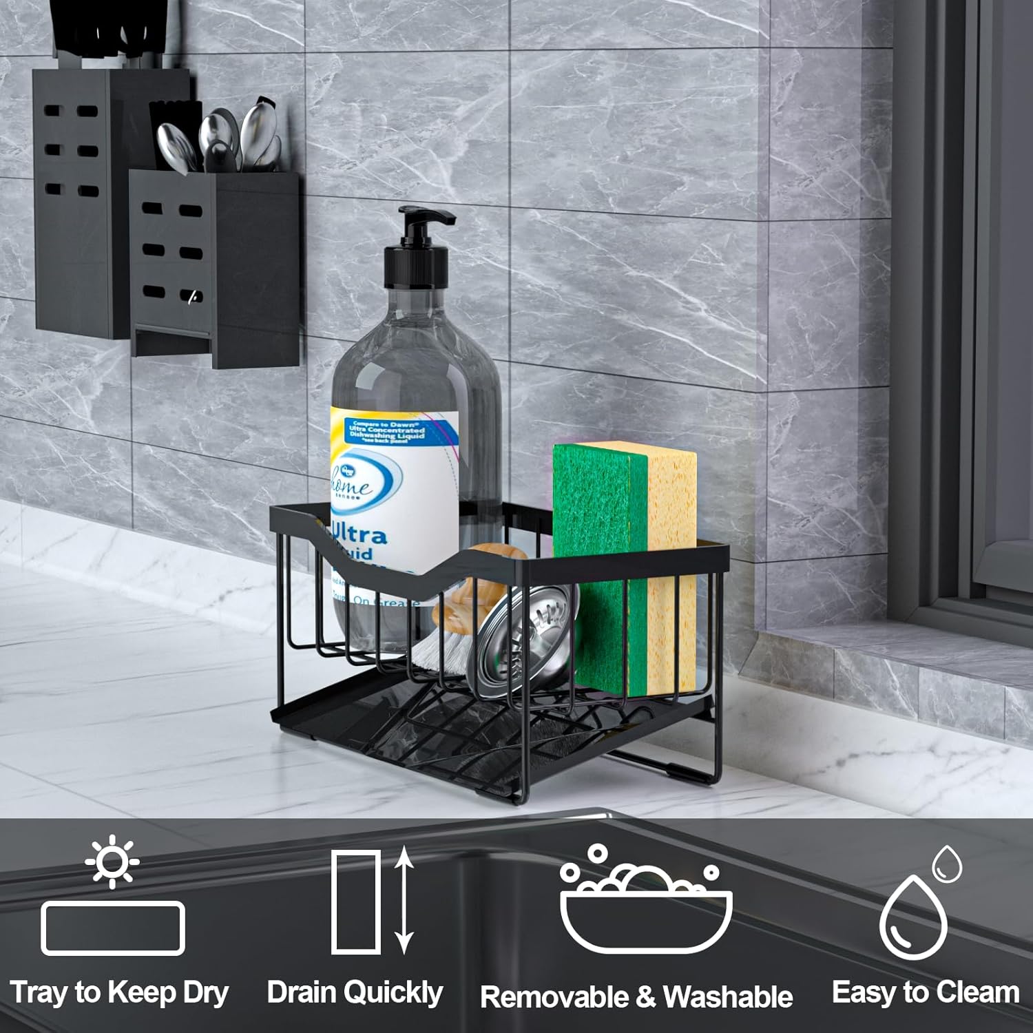 Vanwood Sponge Holder for Kitchen Sink with Auto Draining Tray, Sink Caddy Kitchen Sink Cocina