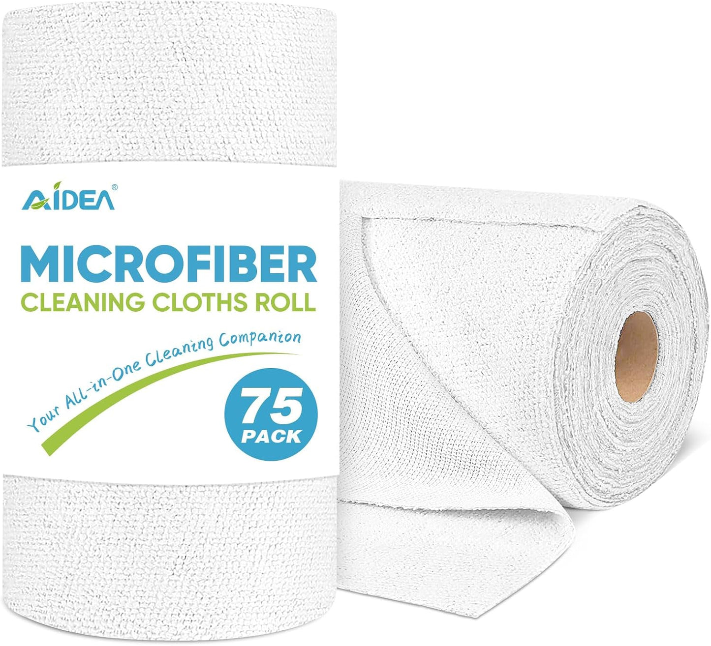 AIDEA Microfiber Cleaning Cloth Roll White, 75PK, Microfiber Towels for Cars, Tear Away Reusable