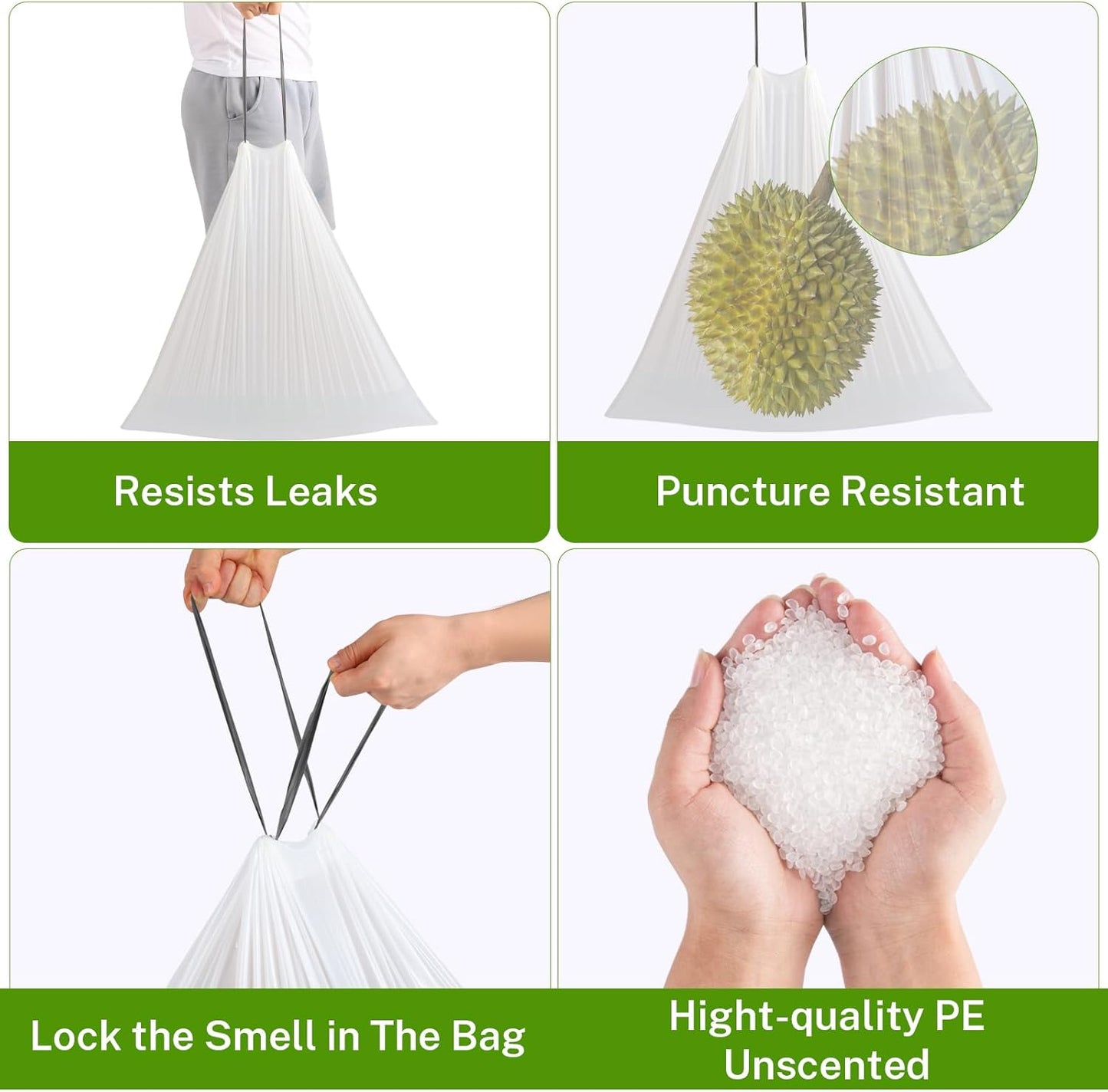 15 Gallon Tall Kitchen Trash Bags Drawstring - 1.2 Mil Thick White Garbage Bag for Office Kitchen