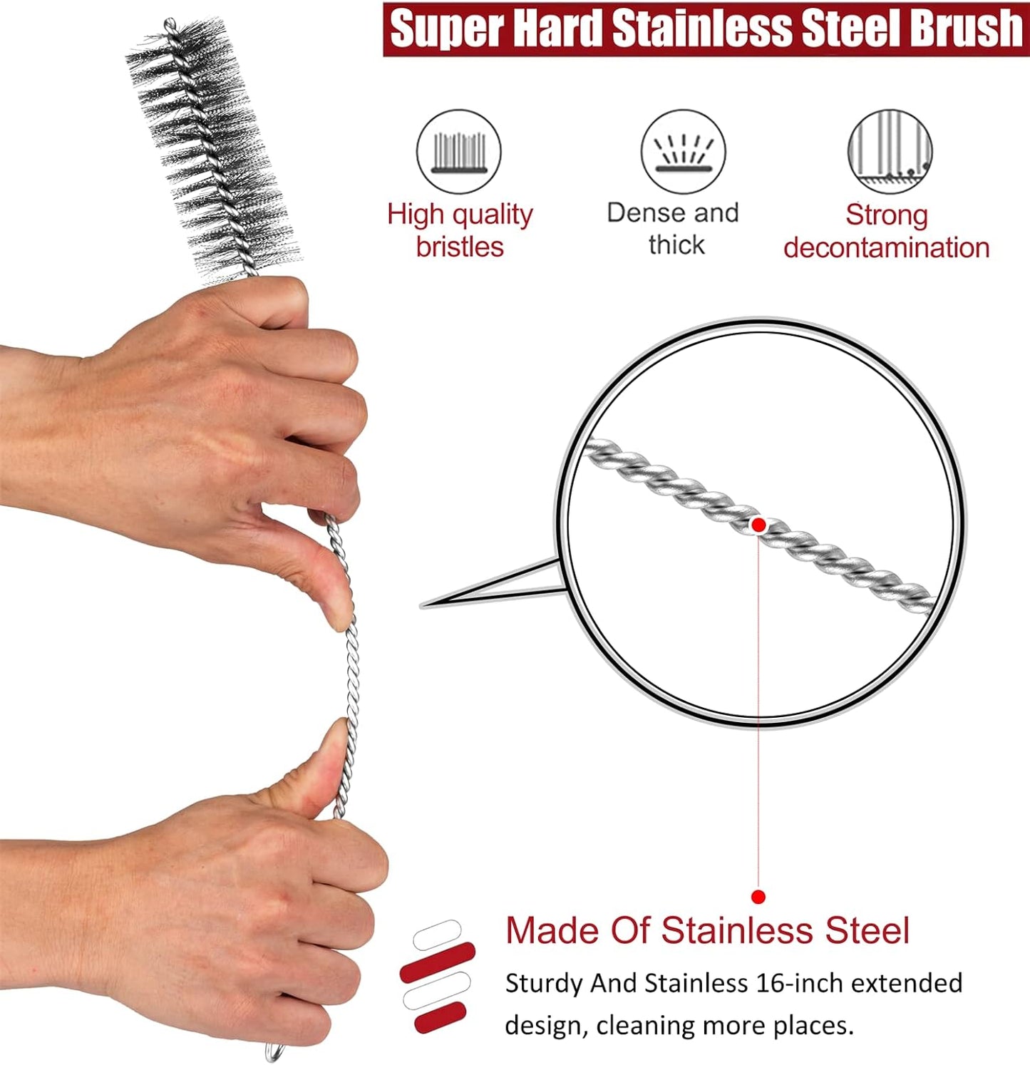 16 Inch Extra Long Pipe Cleaning Brush Set Stainless Steel Bristles, Stainless Steel Pipe Brush