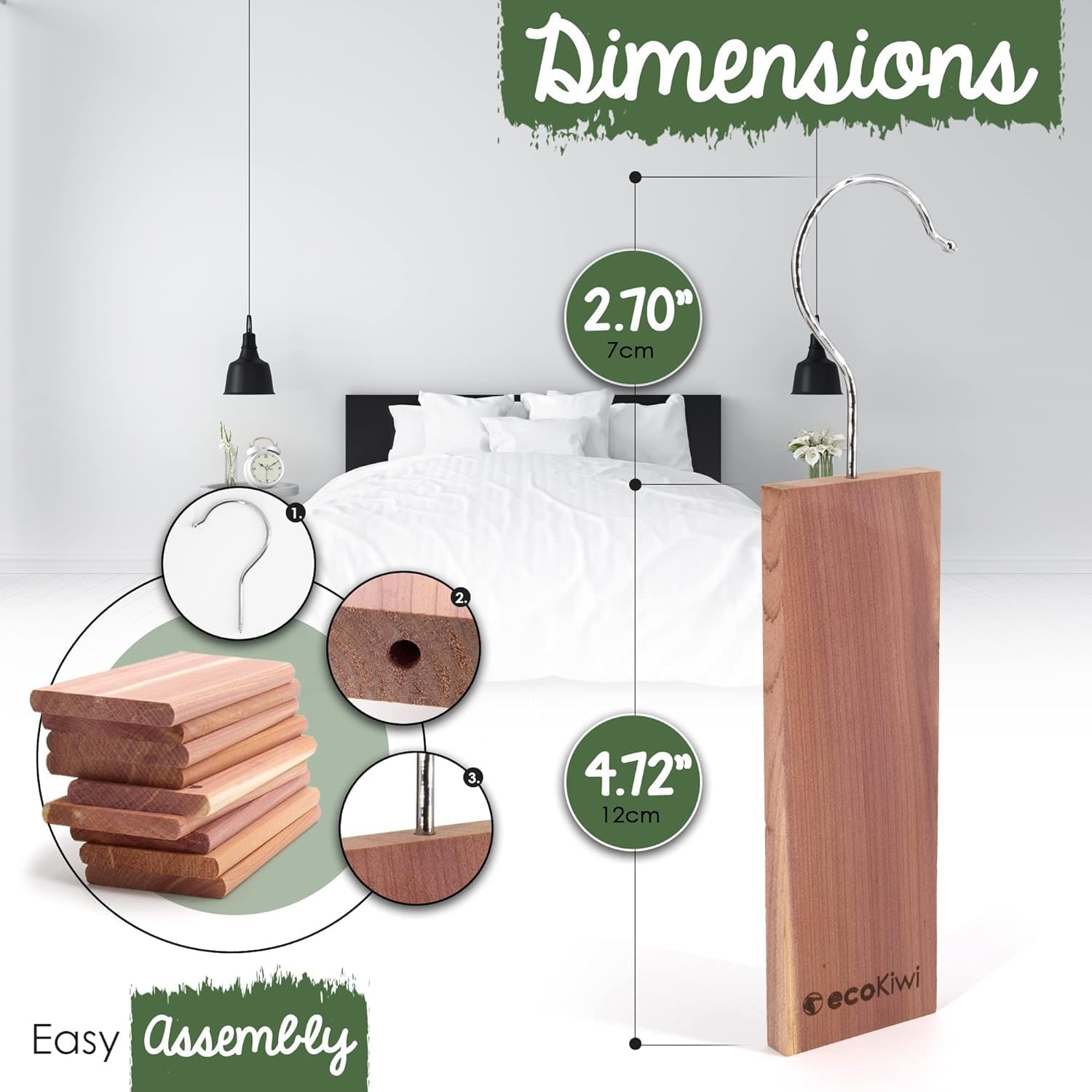 ecoKiwi Cedar Blocks for Clothes Storage - 20 Pack Hang Ups - 100% Natural Aromatic Cedar Planks