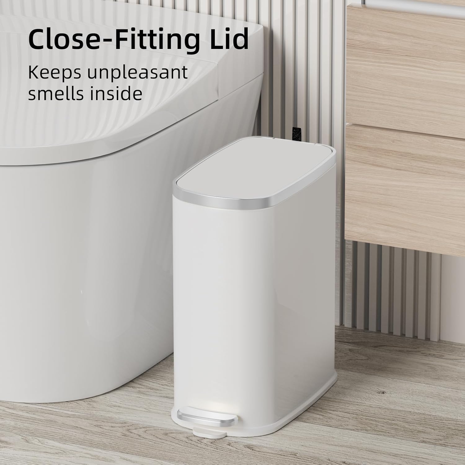 KUK Slim Bathroom Trash Can with Lid Soft Close, Step Pedal, 2.6 Gal/ 10L Stainless Steel Garbage