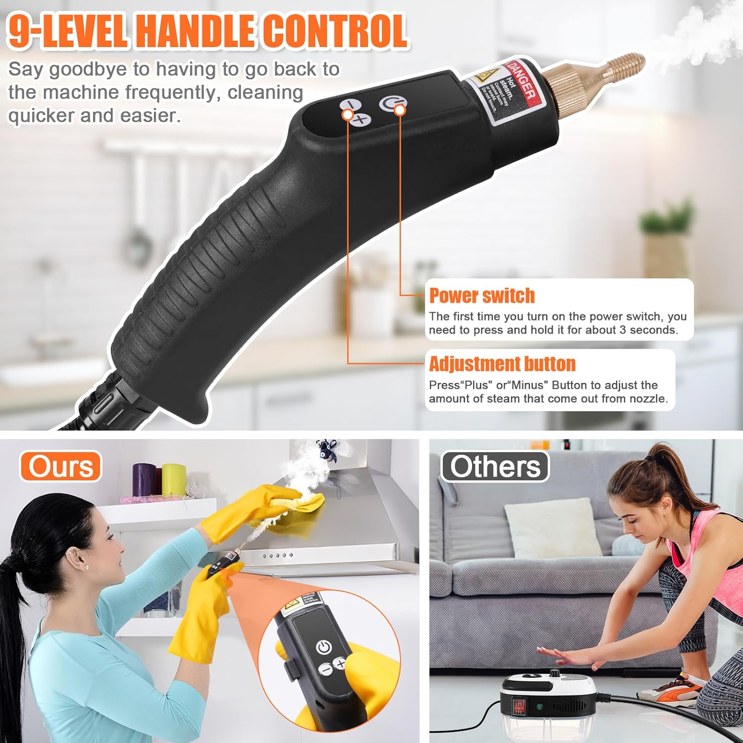15 in 1 Handheld Steam Cleaner with Handle Button Control, 2500W High Pressure Steamer for Cleaning
