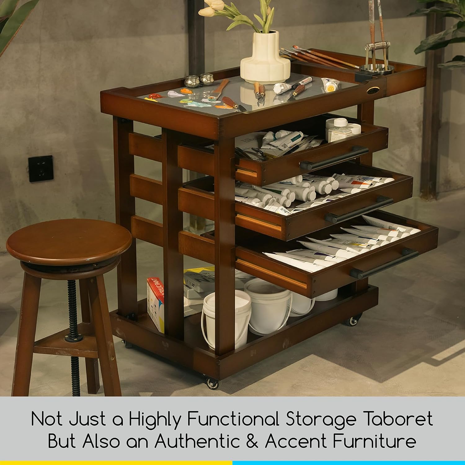 MEEDEN Art Supplies Storage Cart: 5-Tier Solid Beech Wood Utility Rolling Cart with 3 Drawers