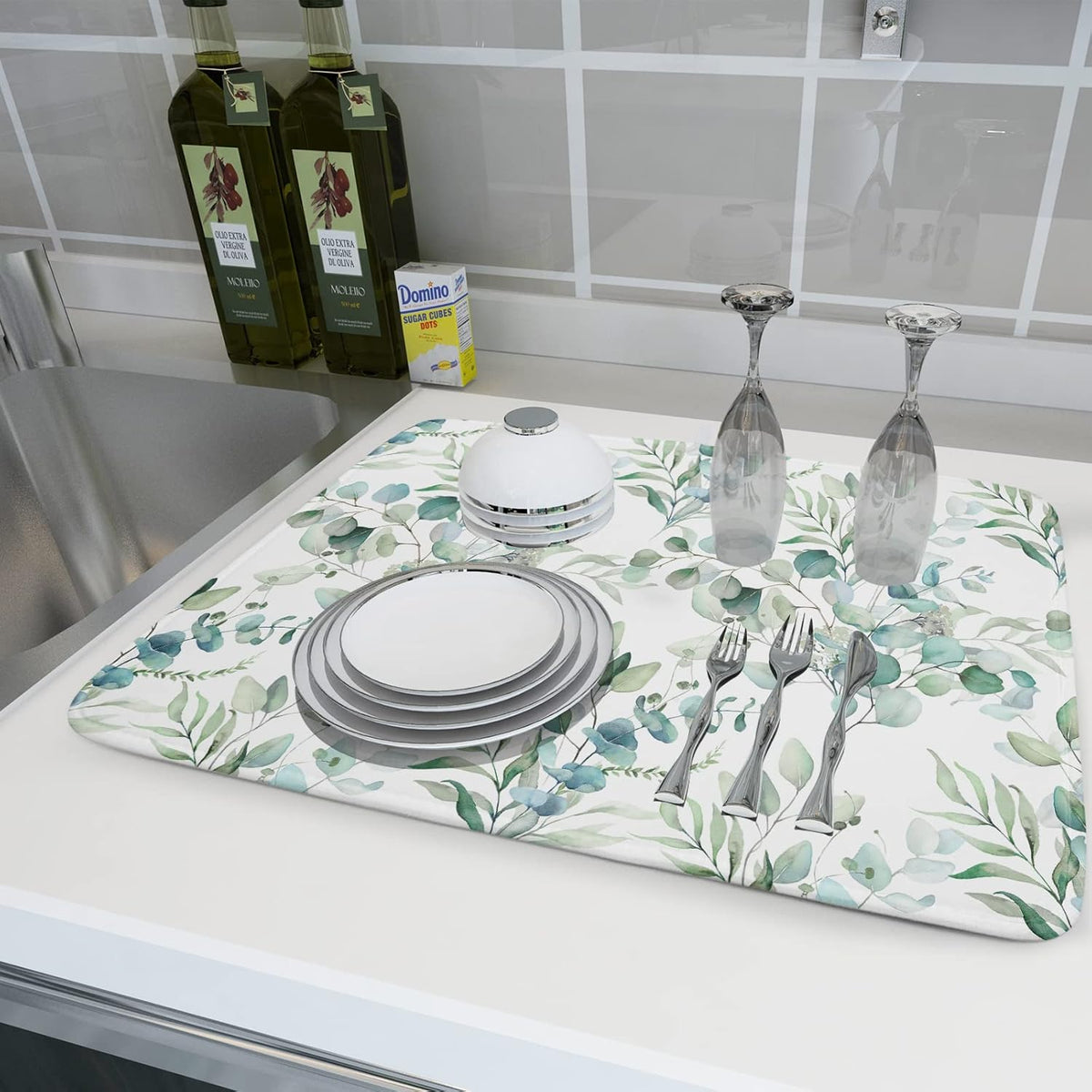 Sage Green Leaves Dish Drying Mats for Kitchen Counter 18x24 Inch, Leaves Kitchen Drying