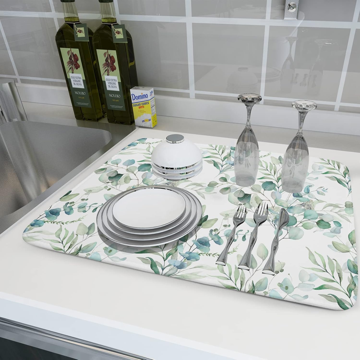 Sage Green Leaves Dish Drying Mats for Kitchen Counter 18x24 Inch, Leaves Kitchen Drying